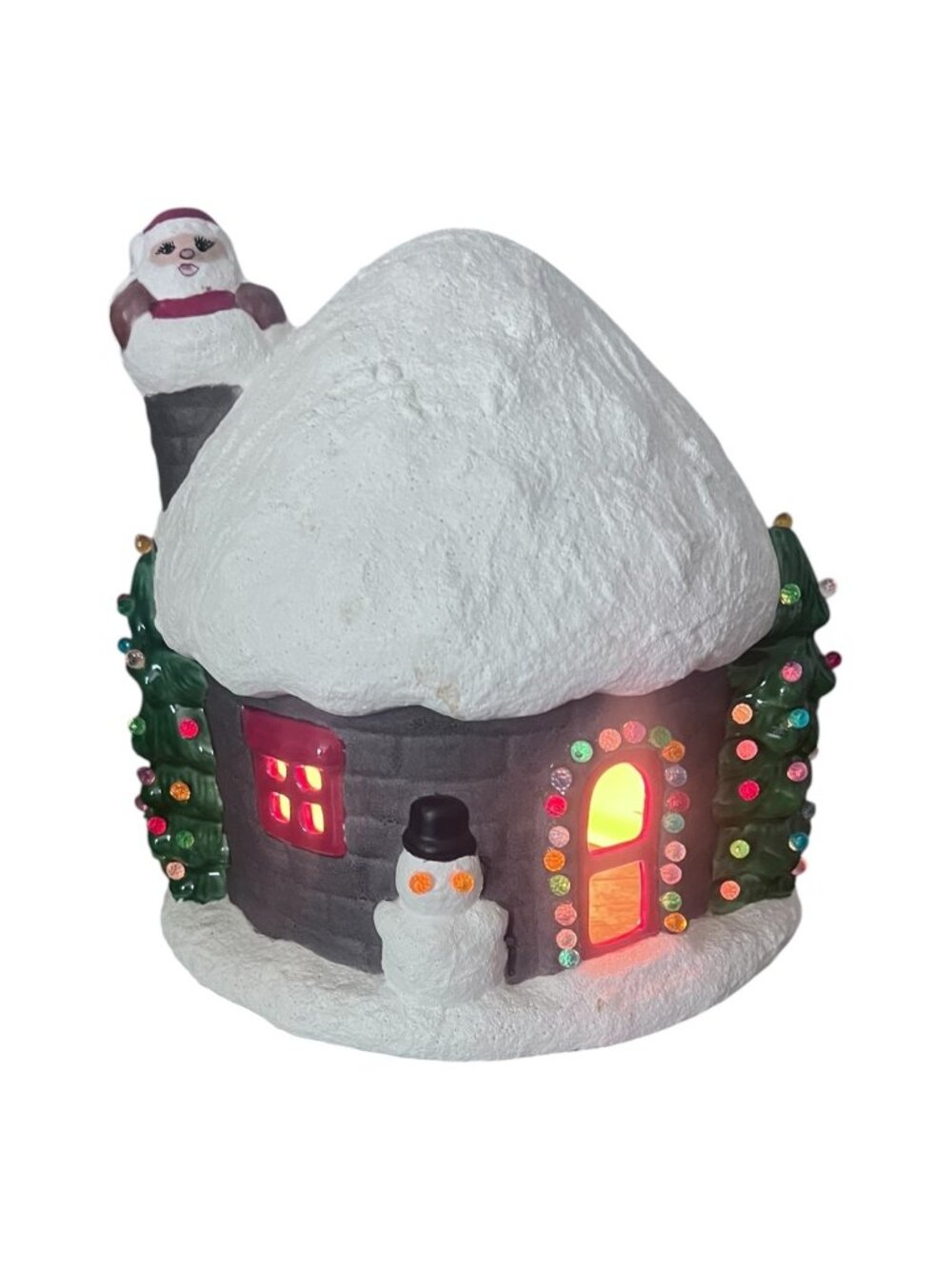 Vintage Ceramic Christmas House Light Up Santa On Chimney Snow Roof 8" T 1970s